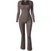 imageOQQ Long Sleeve Jumpsuits for Women Ribbed Long Sleeve Yoga Bell Bottoms Flare JumpsuitsTea Leaf