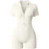 imageOQQ Women Rompers Ribbed Short Sleeve Zip Front Stretch Tummy Control Yoga Workout RompersBeige