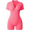 imageOQQ Women Rompers Ribbed Short Sleeve Zip Front Stretch Tummy Control Yoga Workout RompersFluorescent Pink a