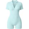 imageOQQ Women Rompers Ribbed Short Sleeve Zip Front Stretch Tummy Control Yoga Workout RompersSea Salt Blue