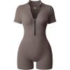 imageOQQ Women Rompers Ribbed Short Sleeve Zip Front Stretch Tummy Control Yoga Workout RompersTea Leaf