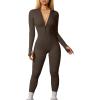 imageOQQ Women Yoga Jumpsuits Workout Ribbed Long Sleeve Zip Front Sport JumpsuitsDarkbrown