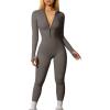 imageOQQ Women Yoga Jumpsuits Workout Ribbed Long Sleeve Zip Front Sport JumpsuitsTea Leaf