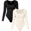 imageOQQ Womens 2 Piece Bodysuits Long Sleeve Square Neck Ruched Stretch Fitted BodysuitsBlack beige