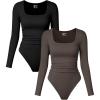 imageOQQ Womens 2 Piece Bodysuits Long Sleeve Square Neck Ruched Stretch Fitted BodysuitsBlack tea Leaf