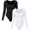 imageOQQ Womens 2 Piece Bodysuits Long Sleeve Square Neck Ruched Stretch Fitted BodysuitsBlack white
