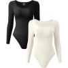 imageOQQ Womens 2 Piece Bodysuits Sexy Ribbed One Piece Long Sleeve Crew Neck Tops BodysuitsBlack beige