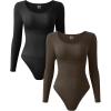 imageOQQ Womens 2 Piece Bodysuits Sexy Ribbed One Piece Long Sleeve Crew Neck Tops BodysuitsBlack darkbrown