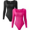 imageOQQ Womens 2 Piece Bodysuits Sexy Ribbed One Piece Square Neck Long Sleeve TopsBlack Pitaya