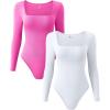 imageOQQ Womens 2 Piece Bodysuits Sexy Ribbed One Piece Square Neck Long Sleeve TopsRose White