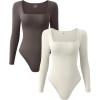 imageOQQ Womens 2 Piece Bodysuits Sexy Ribbed One Piece Square Neck Long Sleeve TopsTea Leaf Beige
