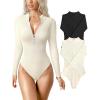 imageOQQ Womens 2 Piece Bodysuits Sexy Ribbed One Piece Zip Front Long Sleeve Tops BodysuitsBlack beige