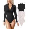 imageOQQ Womens 2 Piece Bodysuits Sexy Ribbed One Piece Zip Front Long Sleeve Tops BodysuitsBlack pumice Grey