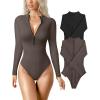 imageOQQ Womens 2 Piece Bodysuits Sexy Ribbed One Piece Zip Front Long Sleeve Tops BodysuitsBlack tea Leaf