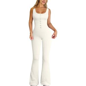imageOQQ Jumpsuits For Women Ribbed Square Neck Sleeveless Sexy Stretch Flare JumpsuitsBeige