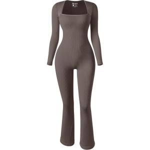 imageOQQ Long Sleeve Jumpsuits for Women Ribbed Long Sleeve Yoga Bell Bottoms Flare JumpsuitsTea Leaf