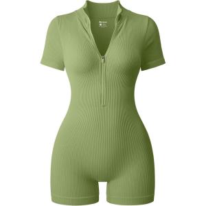 imageOQQ Women Rompers Ribbed Short Sleeve Zip Front Stretch Tummy Control Yoga Workout RompersAvocado Green