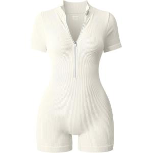 imageOQQ Women Rompers Ribbed Short Sleeve Zip Front Stretch Tummy Control Yoga Workout RompersBeige