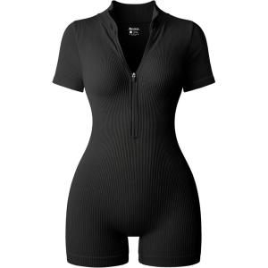 imageOQQ Women Rompers Ribbed Short Sleeve Zip Front Stretch Tummy Control Yoga Workout RompersBlack