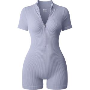 imageOQQ Women Rompers Ribbed Short Sleeve Zip Front Stretch Tummy Control Yoga Workout RompersBlues