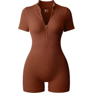imageOQQ Women Rompers Ribbed Short Sleeve Zip Front Stretch Tummy Control Yoga Workout RompersCaramel