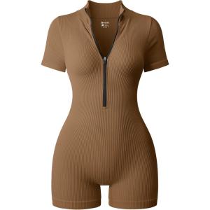 imageOQQ Women Rompers Ribbed Short Sleeve Zip Front Stretch Tummy Control Yoga Workout RompersCoffee