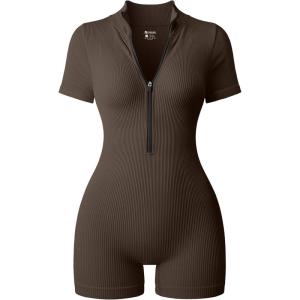 imageOQQ Women Rompers Ribbed Short Sleeve Zip Front Stretch Tummy Control Yoga Workout RompersDarkbrown