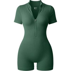 imageOQQ Women Rompers Ribbed Short Sleeve Zip Front Stretch Tummy Control Yoga Workout RompersDarkgreen