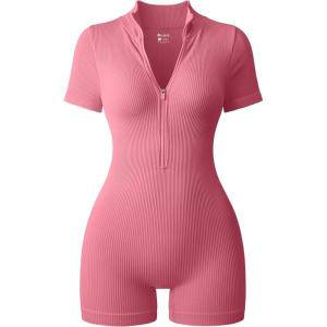 imageOQQ Women Rompers Ribbed Short Sleeve Zip Front Stretch Tummy Control Yoga Workout RompersDry Rose