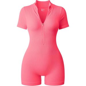 imageOQQ Women Rompers Ribbed Short Sleeve Zip Front Stretch Tummy Control Yoga Workout RompersFluorescent Pink a