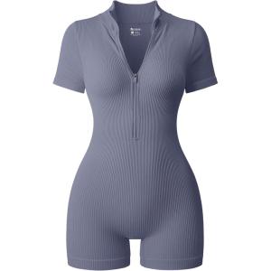 imageOQQ Women Rompers Ribbed Short Sleeve Zip Front Stretch Tummy Control Yoga Workout RompersGreyblue