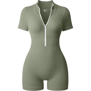 imageOQQ Women Rompers Ribbed Short Sleeve Zip Front Stretch Tummy Control Yoga Workout RompersGreygreen