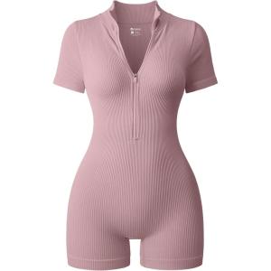 imageOQQ Women Rompers Ribbed Short Sleeve Zip Front Stretch Tummy Control Yoga Workout RompersHide Pink