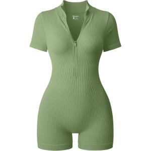imageOQQ Women Rompers Ribbed Short Sleeve Zip Front Stretch Tummy Control Yoga Workout RompersPea Green