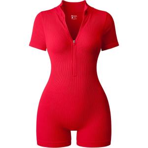 imageOQQ Women Rompers Ribbed Short Sleeve Zip Front Stretch Tummy Control Yoga Workout RompersRed