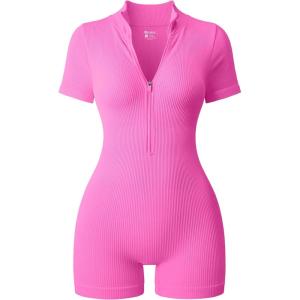 imageOQQ Women Rompers Ribbed Short Sleeve Zip Front Stretch Tummy Control Yoga Workout RompersRose