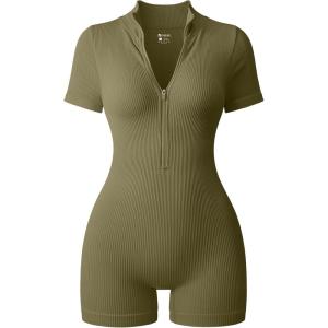 imageOQQ Women Rompers Ribbed Short Sleeve Zip Front Stretch Tummy Control Yoga Workout RompersSauerkraut