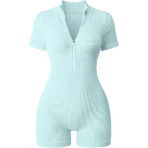 imageOQQ Women Rompers Ribbed Short Sleeve Zip Front Stretch Tummy Control Yoga Workout RompersSea Salt Blue