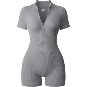 imageOQQ Women Rompers Ribbed Short Sleeve Zip Front Stretch Tummy Control Yoga Workout RompersSmoke Grey