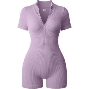 imageOQQ Women Rompers Ribbed Short Sleeve Zip Front Stretch Tummy Control Yoga Workout RompersTaro Purple