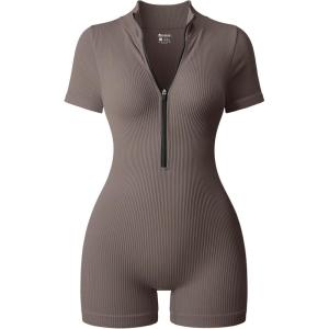 imageOQQ Women Rompers Ribbed Short Sleeve Zip Front Stretch Tummy Control Yoga Workout RompersTea Leaf