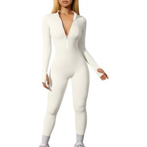 imageOQQ Women Yoga Jumpsuits Workout Ribbed Long Sleeve Zip Front Sport JumpsuitsBeige