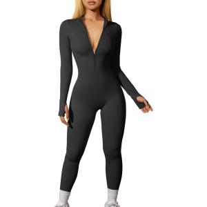 imageOQQ Women Yoga Jumpsuits Workout Ribbed Long Sleeve Zip Front Sport JumpsuitsBlack