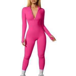 imageOQQ Women Yoga Jumpsuits Workout Ribbed Long Sleeve Zip Front Sport JumpsuitsRose3
