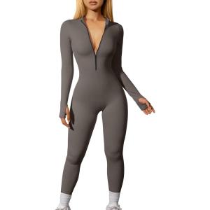 imageOQQ Women Yoga Jumpsuits Workout Ribbed Long Sleeve Zip Front Sport JumpsuitsTea Leaf