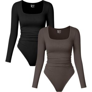 imageOQQ Womens 2 Piece Bodysuits Long Sleeve Square Neck Ruched Stretch Fitted BodysuitsBlack tea Leaf
