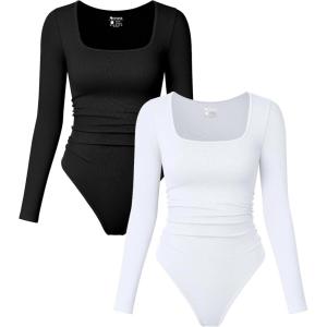 imageOQQ Womens 2 Piece Bodysuits Long Sleeve Square Neck Ruched Stretch Fitted BodysuitsBlack white