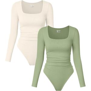 imageOQQ Womens 2 Piece Bodysuits Long Sleeve Square Neck Ruched Stretch Fitted BodysuitsPea Green beige
