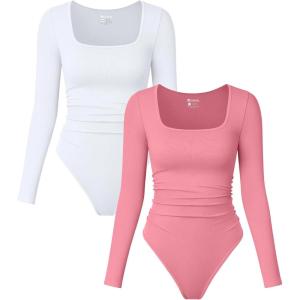 imageOQQ Womens 2 Piece Bodysuits Long Sleeve Square Neck Ruched Stretch Fitted BodysuitsWhite dry Rose