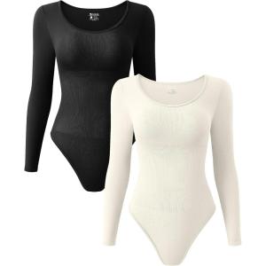 imageOQQ Womens 2 Piece Bodysuits Sexy Ribbed One Piece Long Sleeve Crew Neck Tops BodysuitsBlack beige